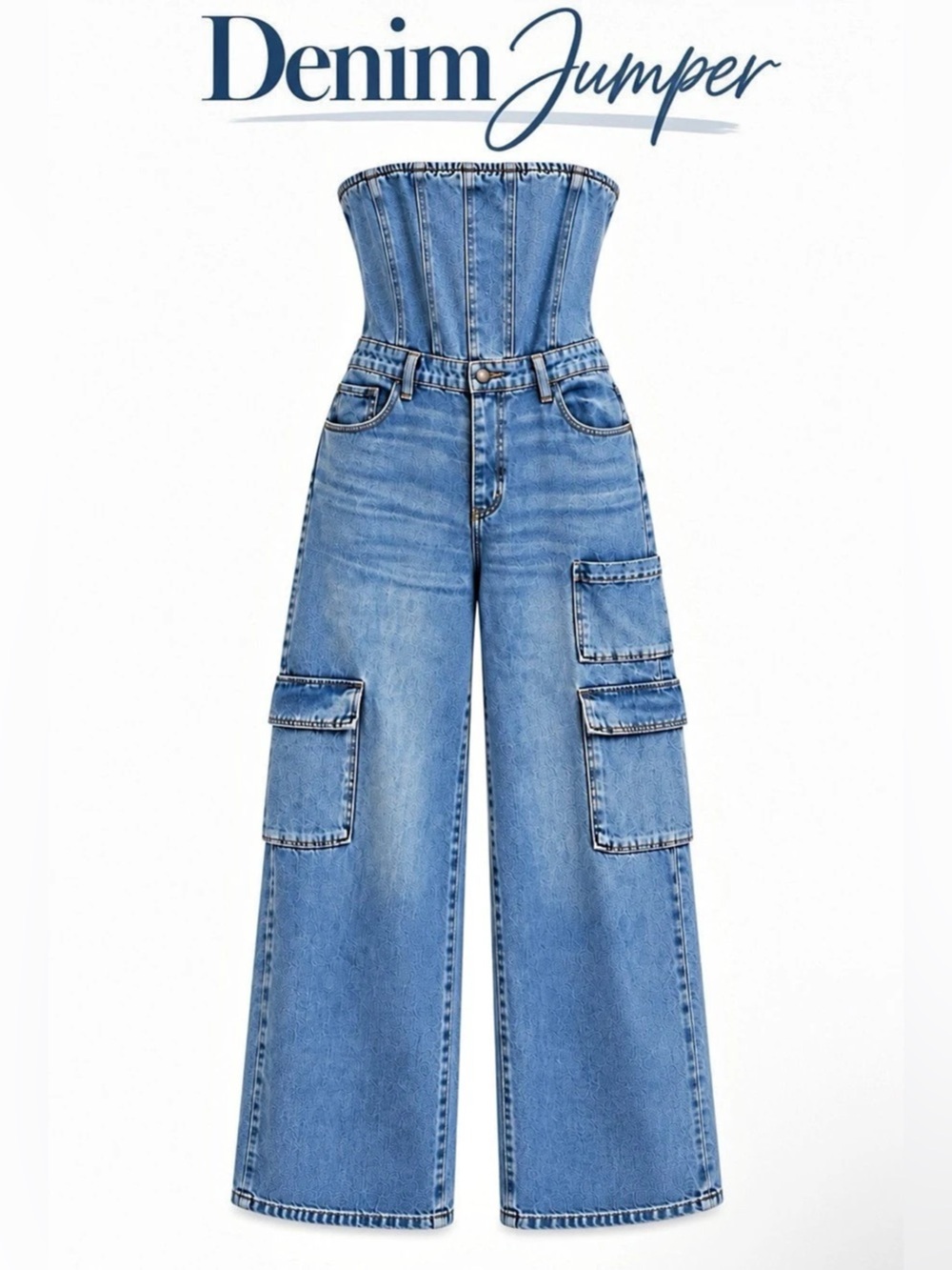 Blue Denim Cargo Jumpsuit Strapless Corset Wide Leg Y2K